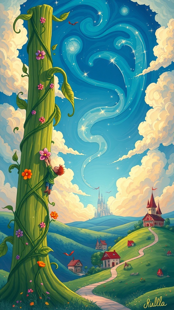 Jack climbing a giant beanstalk under a colorful sky, leading to a magical adventure.